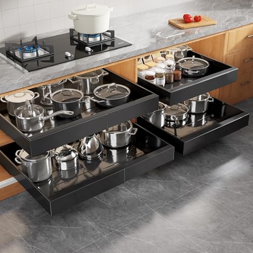 Seinloes 4 Pack Expandable Width (15.15"-26.3") Pull Out Cabinet Organizer 21" Deep with Raising Pad for Framed Cabinets, Upgrade 3 Slide Rails Slide Out Drawers, Roll Out Shelves Adhesive, Black - color: Black, size: 21"D x 15.15"-26.3"W(4Pack)