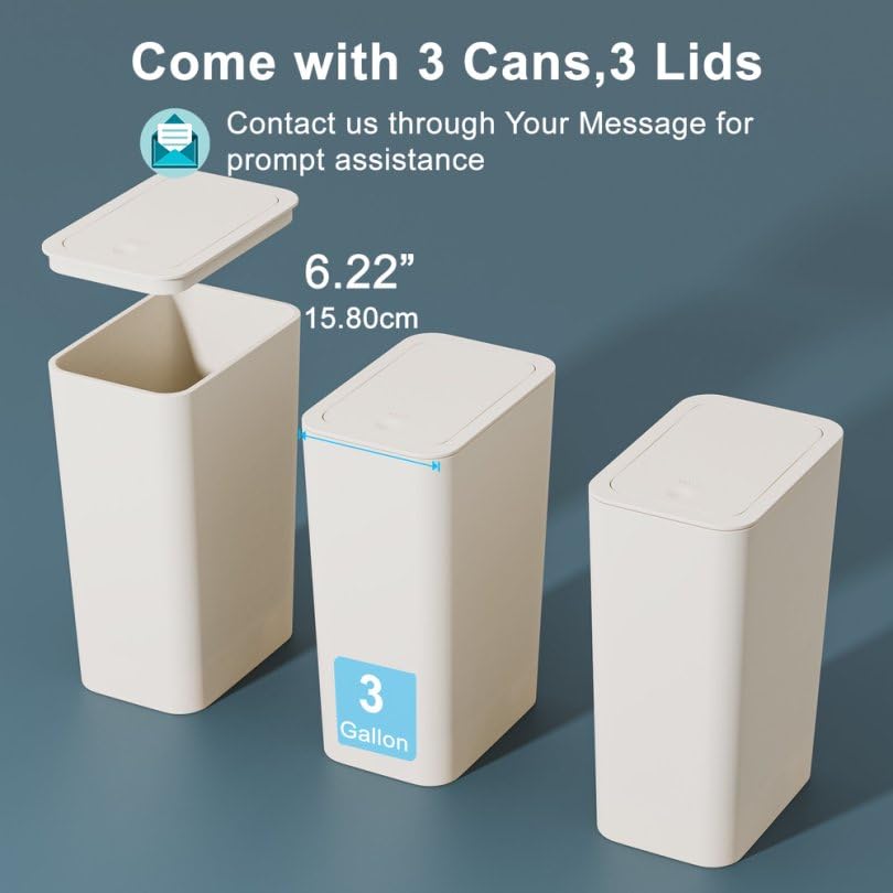 N. NETDOT 3 Pack 3 Gallon Small Trash Can with Lid, Bathroom Garbage Can with Pop-Up Lid, Waste Basket for Bathroom, Kitchen, Bedroom, Powder Room, Craft Room, Office, College (Off White) - color: 3gal Off White