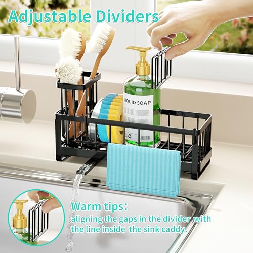 HapiRm Sponge Holder for Kitchen Sink - Self-draining Sink Caddy with Brush and Dishcloth Holders, Stainless Steel Kitchen Countertop Organizers and Storage Essentials - Black - color: Black, size: with Dishcloth Holder