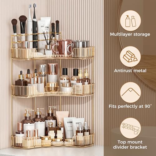 BEFSOP Corner Bathroom Counter Organizer, Upgraded 3-Tier Makeup Organizer Countertop with Makeup Brush Holder, Skincare Exquisite Vanity Organizers Countertop Bathroom Storage Dresser(GOLD) - color: Gold, size: 3 Tier