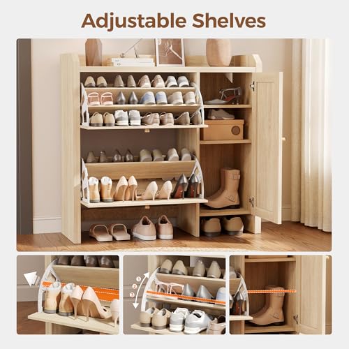 Mericonia Shoe Cabinet Storage for Entryway with 2 Flip Drawers(3-Tier), Rattan Freestanding with Door & 3 Adjustable Shelve,Hidden Shoe Rack Organizer for Hallway, Foyer - color: Oak, size: Flip Drawers 2 & Door 1