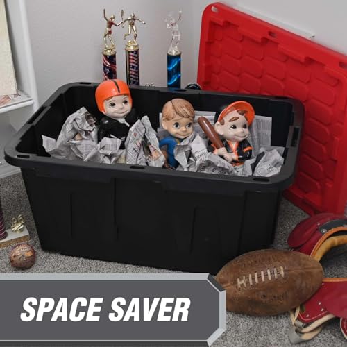 27 Gallon Large Storage Bin with Snap Lid, Black and Red, Heavy Duty Plastic Storage Container