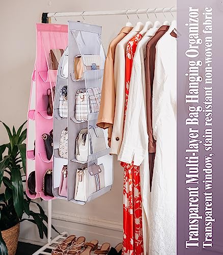 AARAINBOW 2 Packs Hanging Handbag Purse Organizer, Hanging Hand Bag Organizer Wardrobe Closet Purse Holder, 8 Pockets, 43.3L x 14.1W (B Gray Light Pink) - color: B Gray Light Pink