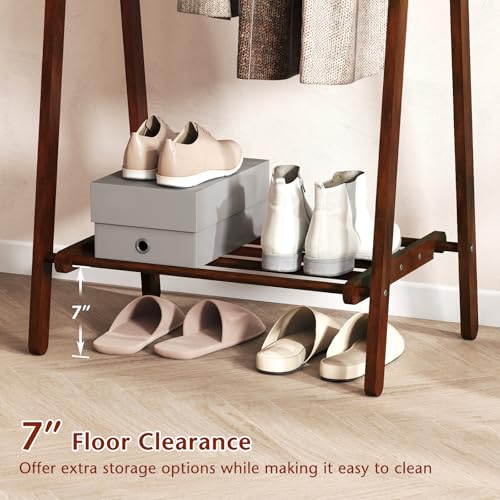 Tangkula Folding Rubber Wood Clothes Hanging Rack, Standing Garment Rack with Bottom Storage Shelf, Portable Clothing Organizer for Bedroom and Entryway (Walnut)
