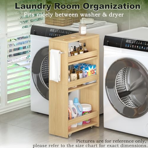 MARTY Rolling Storage Cart 7.9" W, 4-Tier Kitchen Cart with Wheels Handle, Slim Storage Cart Mobile Shelving Utility Carts for Bathroom Laundry Room Organization Narrow Places (Maple) - color: Maple, size: 7.9"D x 15.75"W x 31.5"H