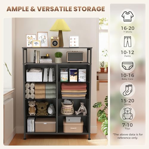 DUMOS Fabric Dresser for Bedroom with 8 Drawers, Tall 8-Drawer Chest of Drawers with Raised Shelf, Storage Tower with Fabric Bins for Closet Organization, Hallway Storage, Grey - color: Grey, size: 31.5"D x 45.9"W x 11.8"H (8 Drawers)