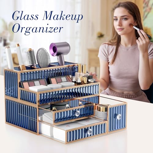 Makeup Organizer Blue - Tempered Glass Vanity Organizer for Cosmetics, Skincare, Hair Tools, Brushes, Perfume - Multipurpose Bathroom Counter Skincare Organizer - color: blue