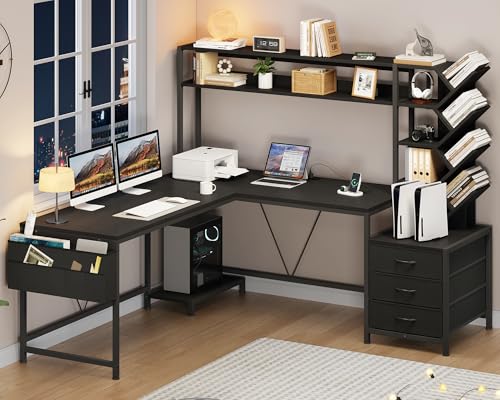 YOMILUVE L Shaped Desk with Hutch, Reversible Computer Desk with Drawers and Bookshelf, Home Office Desks with Storage Shelves for Bedroom Home Office, Black - color: Black