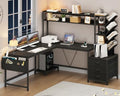 YOMILUVE L Shaped Desk with Hutch, Reversible Computer Desk with Drawers and Bookshelf, Home Office Desks with Storage Shelves for Bedroom Home Office, Black - color: Black