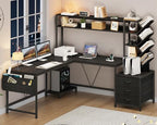 YOMILUVE L Shaped Desk with Hutch, Reversible Computer Desk with Drawers and Bookshelf, Home Office Desks with Storage Shelves for Bedroom Home Office, Black - color: Black