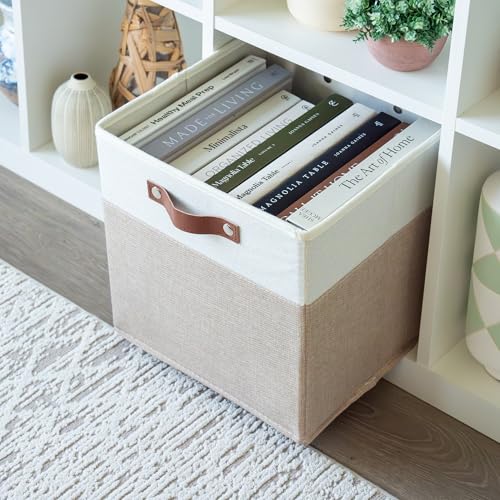 OrganiHaus 11" x 11" x 11" Fabric Cubes Storage Bins Set of 4, Foldable Collapsible Canvas Storage Bins for Organizer, Toy Organizer for Kallax, 11 Inch Linen Cube Shelf Baskets - Beige/White - color: Beige Base / Off-White, size: (11x11) Leather Handles
