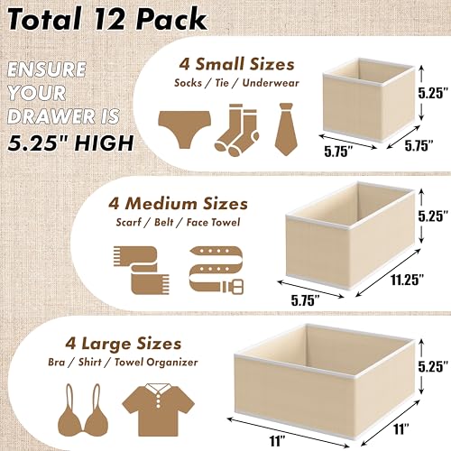 Simple Houseware Foldable Drawer Organizer Set of 12, Beige – Fabric Storage Bins for Clothes, Underwear, Bra, Panty, Socks, Onesies – Closet & Dresser Drawer Dividers for Home Organization - color: Beige, size: Set of 12 - 4L / 4M / 4S