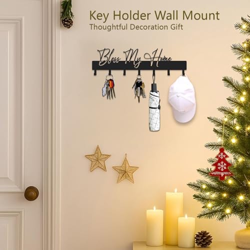 Exquisite Fashion Phrase Key Holder Wall Mount,Bless My Home Key Hooks for Wall Decoration,Black Metal Key Hanger with 7 Hooks for Entryway,Office,Living Room Decor - color: Bless My Home