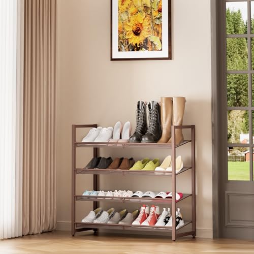 Metal Shoe Rack for Closet,entryway, 4-Tier Shoe Organizer, Adjustable Flat or Angled Shelves, Holds up to 20 Pairs Shoes - color: Bronze, size: 4Tier