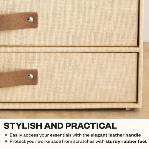 Bigso Birger 2 Drawers - Desktop Drawers for A4 and Letter Size Papers and Documents - Tabletop Drawers with Leather Handles - 13.1 in x 10 in x 5.7 in - Cream - color: Cream