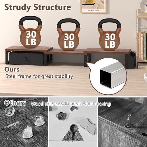 LAND·VOI Heavy Duty Dual Monitor Stand, Holds 2 Screens Up to 27 Inches, Adjustable Length and Angle Monitor Riser, Desk Organizer with Side Pockets and Drawers, Home Office Desk Storage, Rustic Brown - color: Rustic Brown, size: Separate-Type