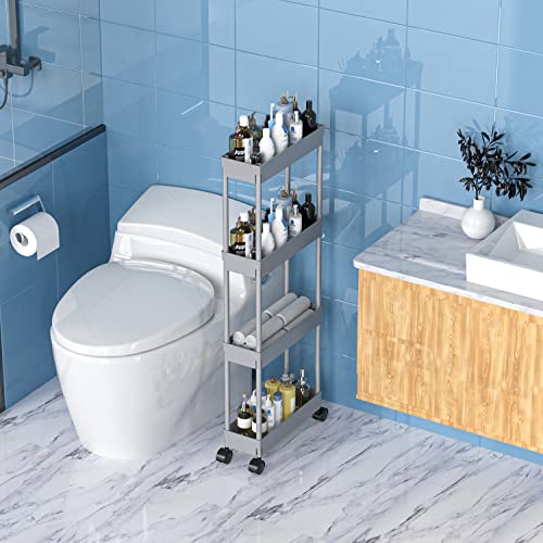 Sooyee 4 Tier Slim Storage Cart,Rolling Storage Cart,Narrow Shelf,Bathroom Rack,Mobile Shelving Unit Organizer for Kitchen, Bathroom, Laundry Room, Grey - color: Gray, size: Slim