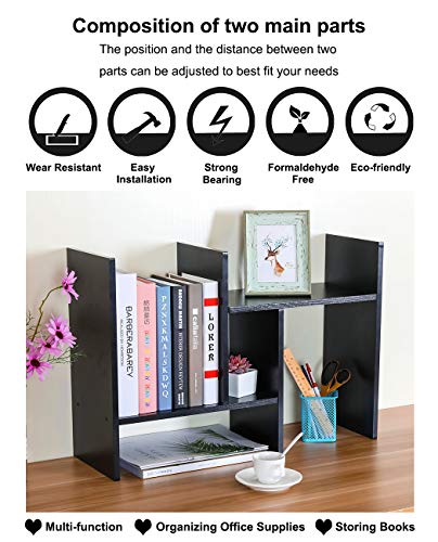 PAG Adjustable Desktop Shelf Wood Small Bookshelf Desk Supplies Organizers and Accessories Storage Display Rack Office Decor, Black - color: Black, size: Style 3