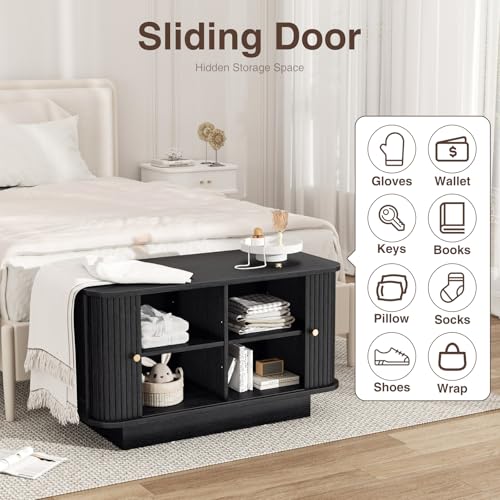 AKMAKM Fluted Shoe Storage Bench, 31" W Small Entryway Bench with Sliding Door, Mud Room Benches with Seat, Upholstered Wooden Rack Organization for Living Room, Apartment, Dorm, Black - color: Black, size: 31 W