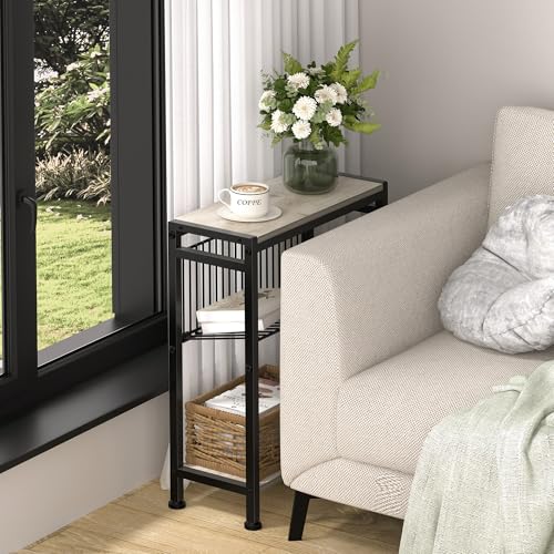 Small Side Table Set of 2 for Small Space, 3-Tier Narrow End Table with Magazine Holder, Slim Nightstand, Skinny Snack Couch Table in Living Room, Bedroom, Kitchen and Balcony (Greige) - color: Greige-2pcs