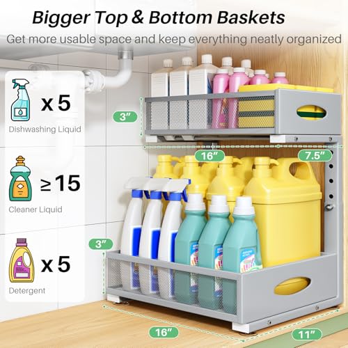 Under Sink Organizer, 1-Pack Pull Out Cabinet Organizer 2 Tier Metal Slide Out Storage Shelf Rack, L-Shaped Adjustable Height,Mesh Sliding Drawer for Kitchen, Bathroom, Laundry, Pantry, Grey, XL - color: Grey, size: 1-Pack (XL)
