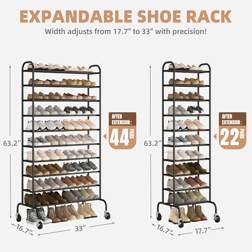 STORAGE MANIAC 10-Tier Expandable Shoe Rack, 44 Pairs Tall Vertical Shoe Rack, Heavy-Duty Metal Adjustable Shoes Organizer for Closet, Entryway, Hallway, Garage, Front Door, Shoes Shelves, Black - color: Black, size: 10 Tier