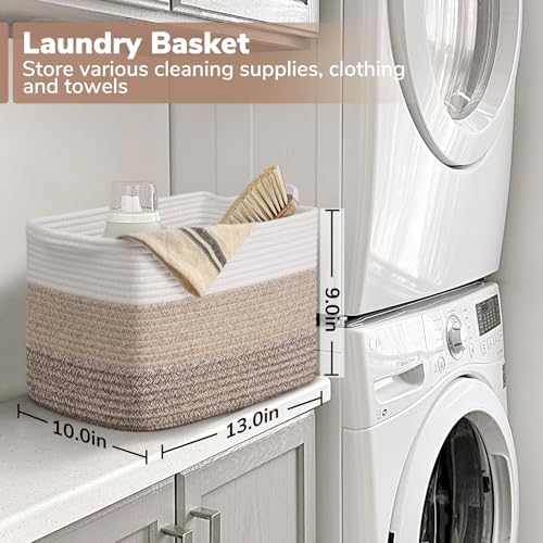 Goodpick Woven Storage Basket, 13"x10"x9" Cotton Rope Organizer for Dog Toys, Books, Stylish Gift Basket with Handles, Small Laundry Baskets for Shelves, Gradient Brown - color: Gradient Brown, size: 13"L x 10"W x 9"H
