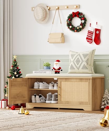 Rattan Shoe Storage Bench with Cushion, 39.4" Wide Entryway Bench with Adjustable Shelf, Hidden Shoe Organizer Cabinet, for Hallway, Living Room, Bedroom, Natural Oak