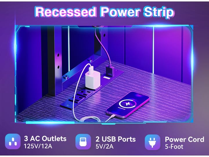AODK L Shaped Desk Gaming Desk with LED Light & Power Outlet, 53 Inch Reversible L Shaped Computer Table with Shelf & Storage Bag & Hook for Home Office, Black - color: Black, size: 53 inch
