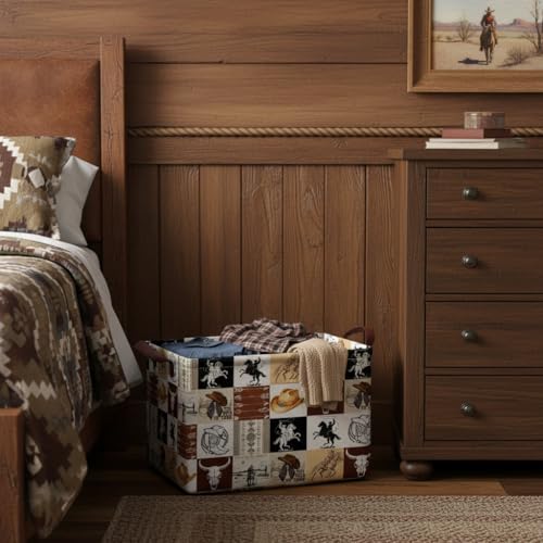 Western Cowboy Storage Basket Waterproof Canvas Toy Storage Bin Western Home Decor Collapsible Outdoor Basket with Leather Handles Western Decor Blanket Baskets For Closets,Bedrooms,Gifts Baskets - color: Western Cowboy