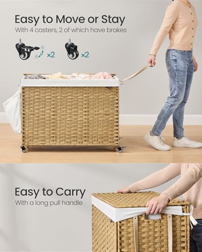 SONGMICS Laundry Hamper with Lid, 55.4 Gallons (210 L), Rolling Laundry Basket with Wheels, 4-Section Synthetic Rattan, Removable Liner, Bedroom, 33.9 x 15.7 x 26 Inches, Natural Color ULCB460Y01 - color: Natural, size: 210 L