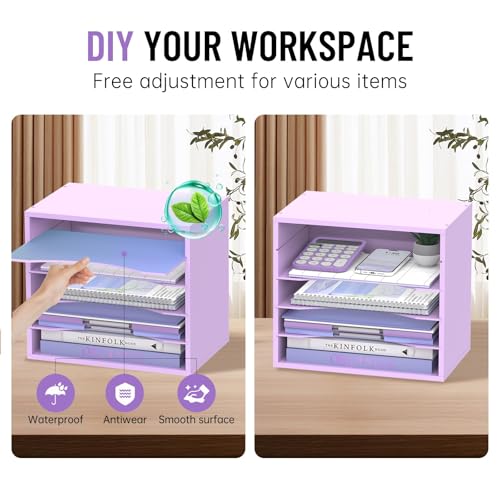 5-Tier Wood Desk Organizer, Paper Tray Organizer for Desk with Adjustable Storage Shelves, Desktop File Organization Paper Sorter Mail Holder for Office Home Classroom, Purple - color: Purple, size: 5 Tier