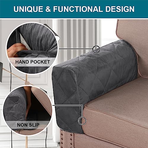 Non-Slip Sofa Armrest Protector,Thick Velvet Armrest Covers for Chairs and Sofas Couch with Side Pocket,Armrest Storage Organizer,Washable Arm Covers for Dogs，Set of 2 (Grey) - color: Grey