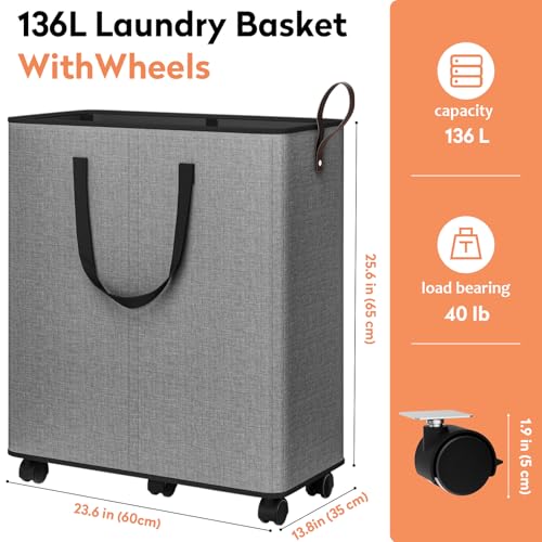SpaceTrove Laundry Basket with Wheels, Collapsible Laundry Baskets, Laundry Hamper with Handles Detachable Wheels, Rolling Laundry Basket, Dirty Clothes Hamper for Bathroom, Dorm, Bedroom, Grey, 136L - color: Grey, size: 136L