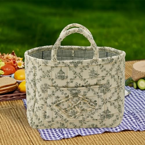 Quilted Fabric Storage Basket with Handles & Pocket, Foldable Laundry Hamper Boho Floral Print Organizer Bin for Home, Picnic, Office 12"x10"x10" (B-2) - color: B-2