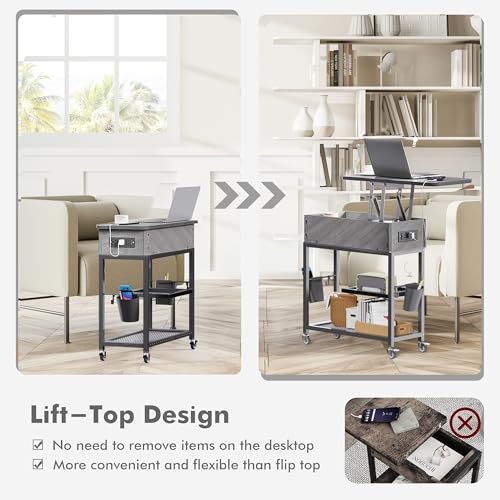 Colima Lift Top End Table with Charging Station and Wheels, Sofa Side Table with USB Port & AC Outlets, Movable Bedside Nightstand with Side Bag for Office Living Room Bedroom(Gray) - color: Grey