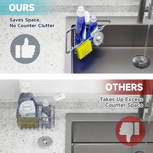 NiHome Extendable Arm Stainless Steel Kitchen Sink Corner Caddy, Easy Install Space-Saving Adjustable Sponge Holder, Non-Slip Rust-Resistant for Brushes, Soap, Sponges (Silver) - color: Silver