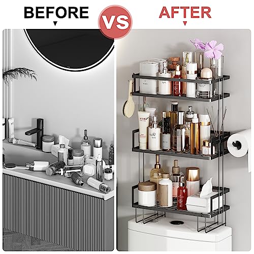 Godboat Bathroom Organizers and Storage, 3-Tier Wall Shelves, Over Toilet Rack with Paper Holder and 2 Hooks, Floating Shelf & Accessories, Gifts for Women, Mom, Mothers Day (Black) - color: Black, size: 3-Tier