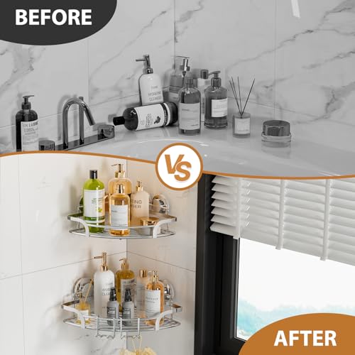 LEVERLOC 2 Pack Powerful Suction Cup Corner Shower Caddy, Stainless Steel Rustproof Shower Shelf with Hooks, Drill-Free Wall Mounted Bathroom Organizer, Large Capacity Removable Suction Basket, Silver - style: Corner Caddy, Silver