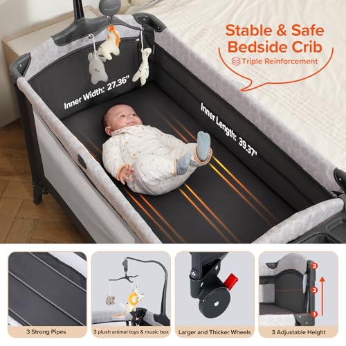 ELEMARA 4 in 1 Baby Bassinet Bedside Crib with Diaper Changer, Mattress, 1-Second Set up Bedside Bassinet with 3 Adjustable Height, Portable Crib with Storage/Toy Bar/Zip Door - style: 4 in 1 Baby Bassinet