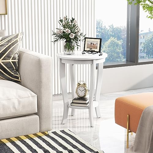 GOFLAME 2-Tier Round End Table, 18” Sofa Side Table with Storage Shelf, Floor Tea Table with Solid Wood Legs, Compact Nightstand for Small Space, Living Room, Bedroom, White - color: White