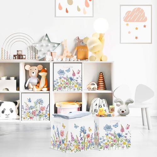 Clastyle Flowers Storage Cube Organizer Set Handle Closet Clothes Cube with Metal Frame Foldable Parents Organizer Storage Basket for Book Toy,Blue Flowers,11.8x11.8x11.8 in - color: Blue Flowers