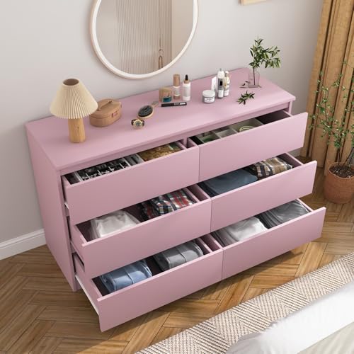 Spaco Pink Dresser for Bedroom,Modern 6 Drawer Dresser with Deep Drawer,Wide Storage Chest of Drawers,Bedroom Storage Organizer Furniture,TV Stand for Living Room - color: Pink, size: 6 Drawers