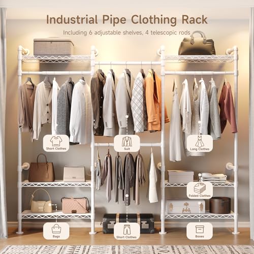 Wall Mounted Garment Rack, Walk-in Closet System with Expandable Rods, Adjustable Shelves, Industrial Pipe Clothing Racks, Hanging Clothes Organizers and Storage, Metal Closet Shelving Wardrobe - color: White