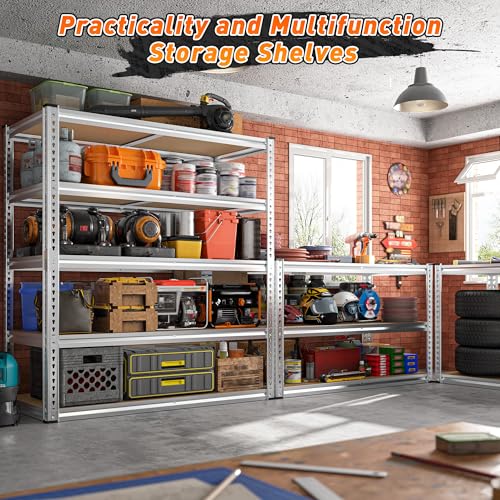 REIBII 2500LBS Garage Shelving 40" W Storage Shelves Adjustable Metal Shelving 5 Tier Pantry Shelves for Garage Closet Kitchen Basement 40" W x 19.7''D x 72''H, Silver - size: 40"W x 19.7''D x 72''H