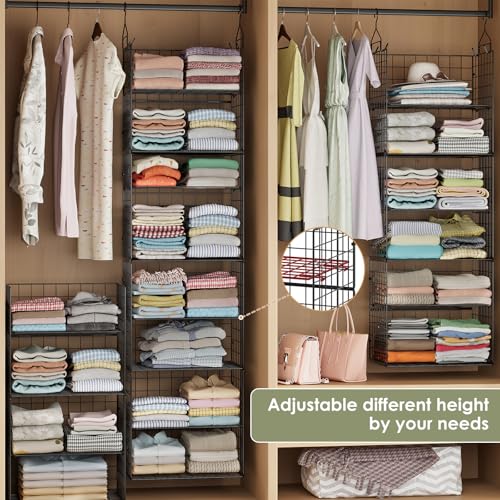 Hanging Closet Organizer and Storage - 8 Tier Closet Hanging Organizer Shelves, Metal & Foldable Hanging Storage Organizer Baskets with Adjustable Dividers for Clothing Sweaters Shoes Handbags - color: Black, size: 8-Tier