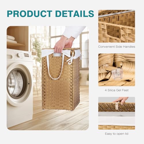 DUMOS Wicker Laundry Basket with Lid, 110L Woven Laundry Hamper with Handles, Foldable Rattan Clothes Hamper with Removable Liner & Sturdy Steel Frame, Goose Yellow - color: Goose Yellow, size: 110L