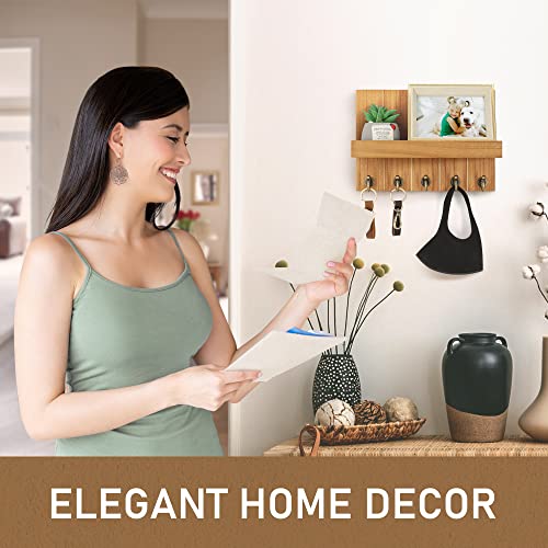 Rebee Vision Farmhouse Key Holder for Wall - Decorative Wall Shelf with Key Hooks & Mail Organizer Wall Mount for Apartment Essentials - Rustic Living Room Decor (Light Brown, 3.54"D x 10"W x 7.28"H) - color: Light Brown, size: 10 Inch