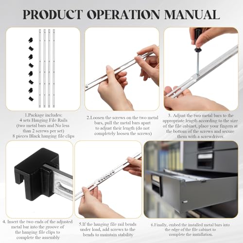12 Pcs Metal Adjustable File Cabinet Rails Set Include 8 Hanging File Rail Clips 4 Cabinet Dividers Bars Suitable for Cabinets with Drawer Thickness Less Than 1/8 Inch (Silver,25 Inch-46 Inch) - color: Silver, size: 25 Inch-46 Inch