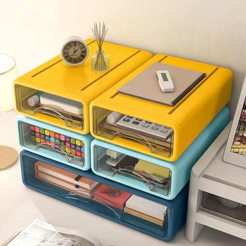 Desk Organizer with Drawers, Stackable Storage Drawers with Compartments Desktop Organization for Office Supplies, Makeup, Pencils, Tape, Erasers, Paperclips, Chargers (2S2M) - color: Light blue+Yellow+Deep Blue+Orange